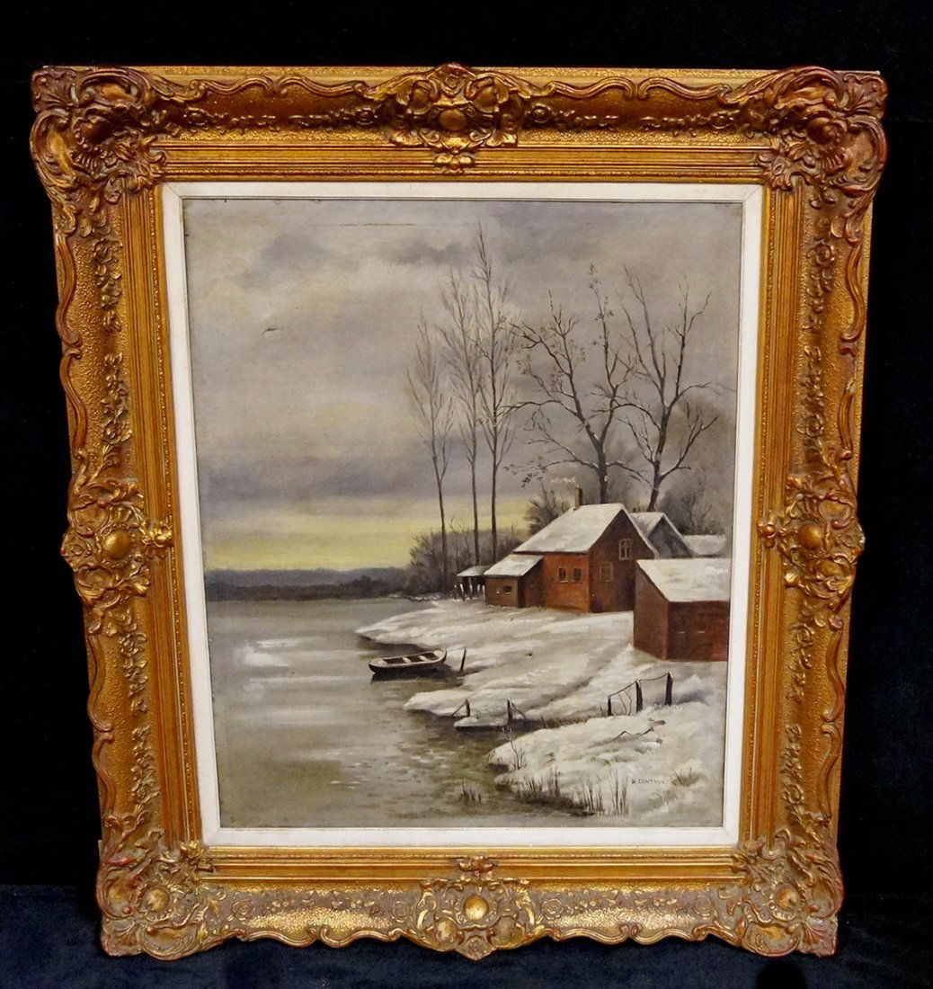 GILT FRAME OIL ON CANVAS SNOWY LANDSCAPE WITH LAKE  H. (1 of 3)