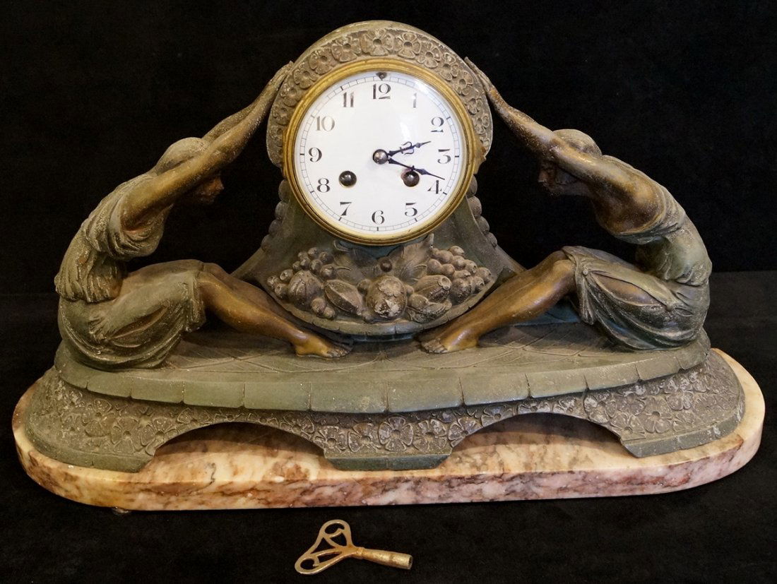 FIGURAL ART DECO CLOCK ON MARBLE BASE (1 of 2)