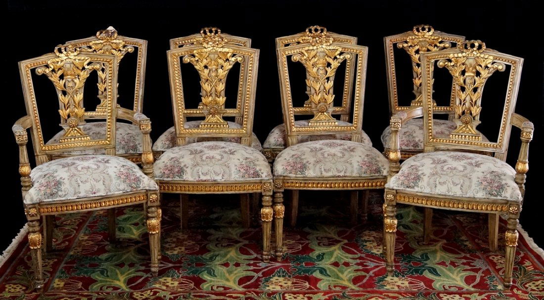 SET 8 LOUIS XVI STYLE GILT DECORATED DINING CHAIRS (1 of 4)