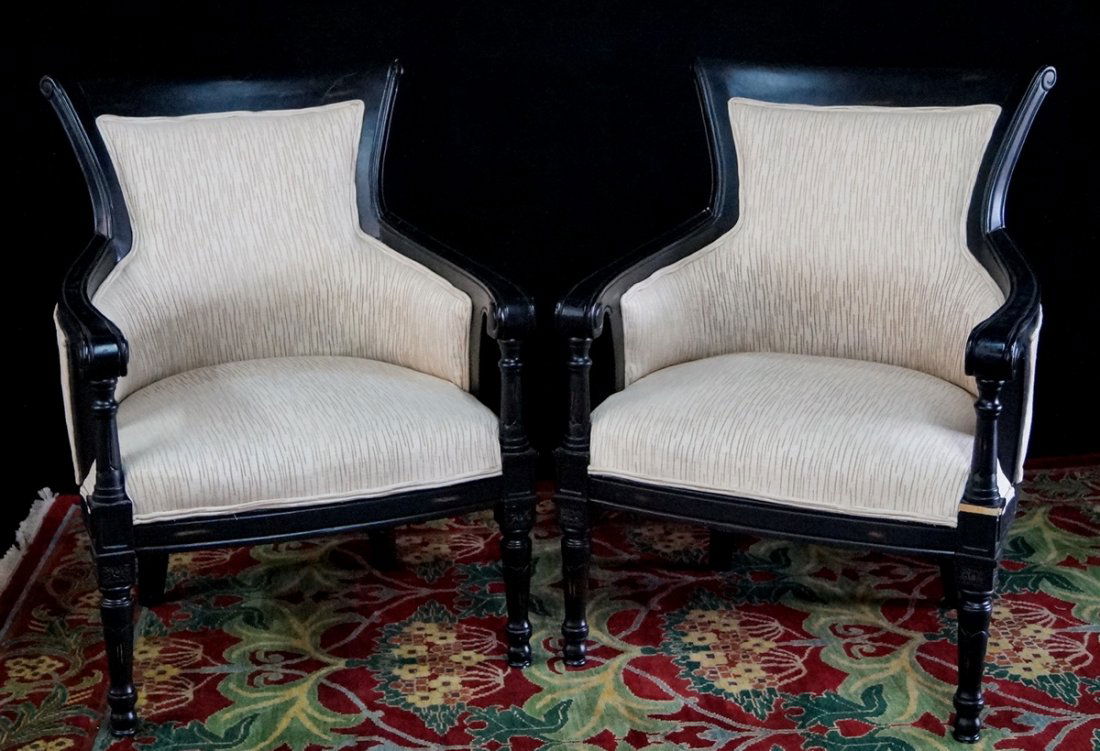 PR. REGENCY STYLE BLACK LACQUER ARM CHAIRS (1 of 3)