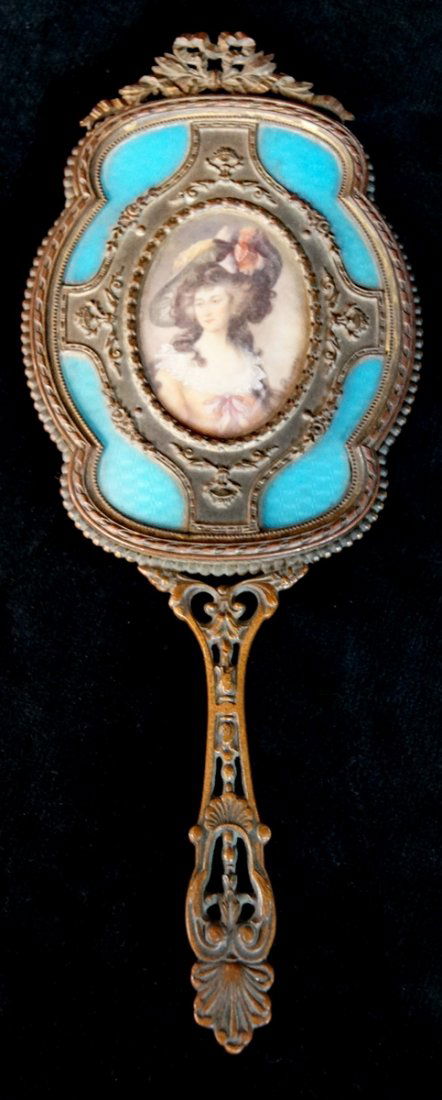 BRONZE & ENAMEL HAND MIRROR: BRONZE & ENAMEL HAND MIRROR; MIRROR BEVELED