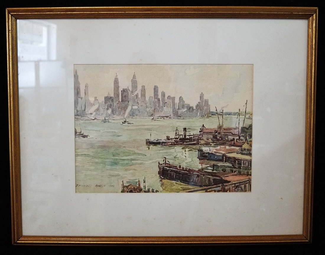 REGINALD MARSH WATERCOLOR "NEW YORK HARBOR" 1940: WATERCOLOR ON PAPER, NEW YORK HARBOR W/ MANHATTAN SKYLINE, REGINALD MARSH 1940, 11.5 X 15.5