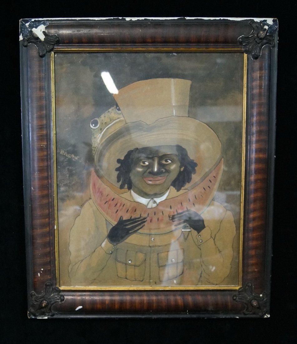 W/C ON BOARD MAN EATING WATERMELLON W/ FROG HAT, MARKED: W/C ON BOARD MAN EATING WATERMELLON W/ FROG HAT, SIGNED A. ROMANO & R. GREEN, 20.25 X 16