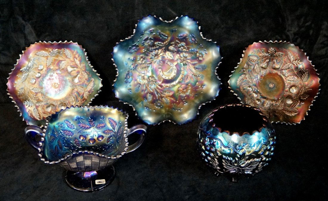 5 PCS. BLUE CARNIVAL GLASS LARGE BOWL 9"D (1 of 1)