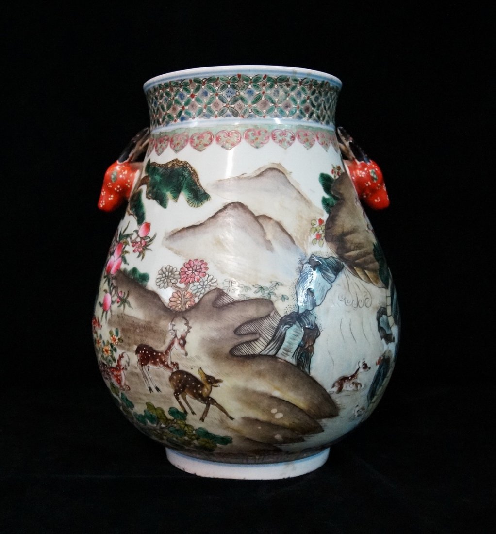 ORIENTAL VASE W/ DEER MOTIF HANDLES (1 of 6)
