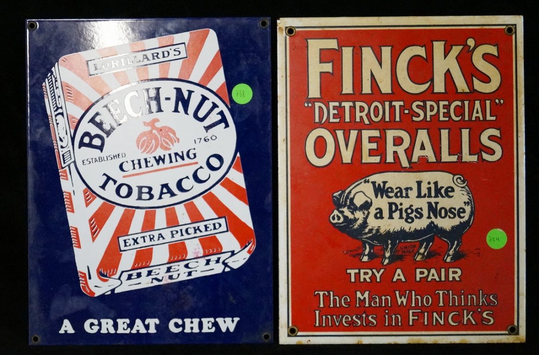 2 PORCELAIN SIGNS "FINKS OVERALLS & BEECH NUT TOBACCO" (1 of 1)