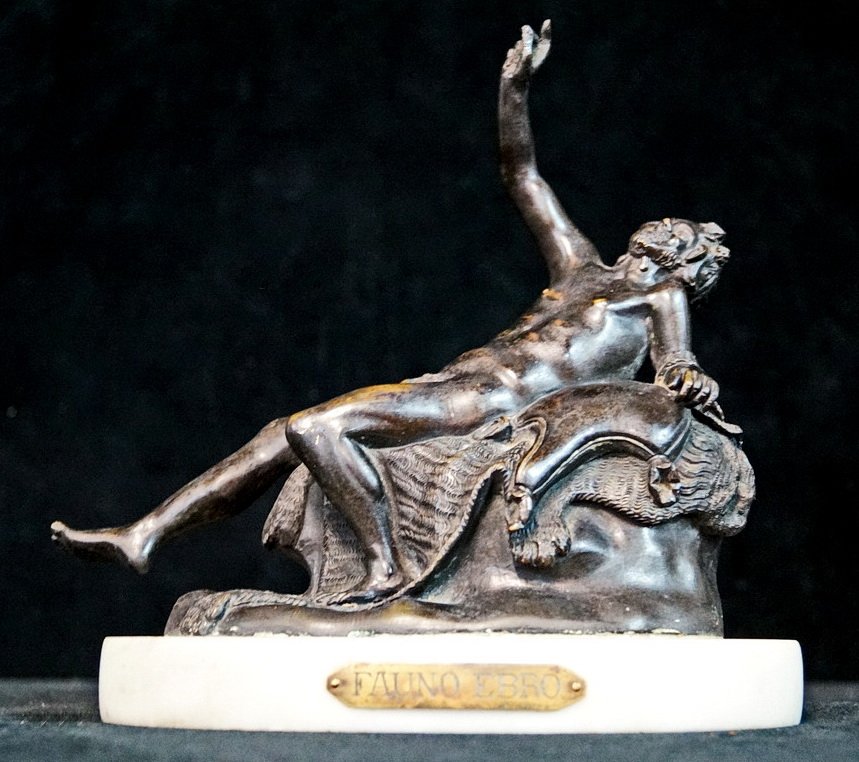 BRONZE "FAUNO EBRO" ON MARBLE BASE: BRONZE "FAUNO EBRO" ON MARBLE BASE 8" H 8"L 4"D