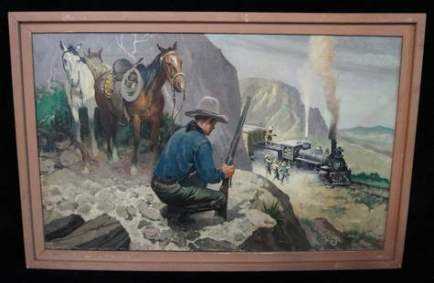 FRAMED O/C "COWBOY & A RAILROAD HEIST" SGN. CHARLES: FRAMED O/C "COWBOY & A RAILROAD HEIST" SGN. CHARLES HARGENS 17X27"