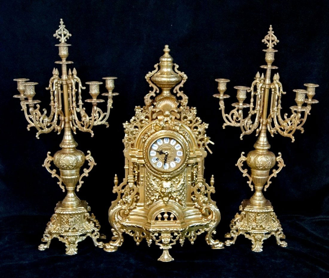 3 PC. 20TH CENT. BRONZE CLOCK GARNITURE; CANDELABRA (1 of 5)