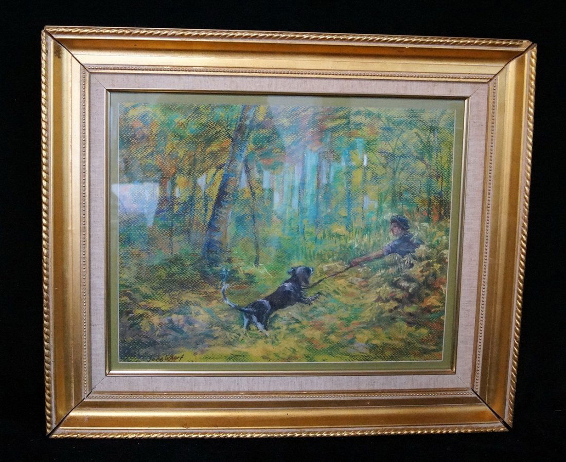 GILT FRAME PASTEL "BOY & DOG" SGN. JOHN WHORF (1 of 3)
