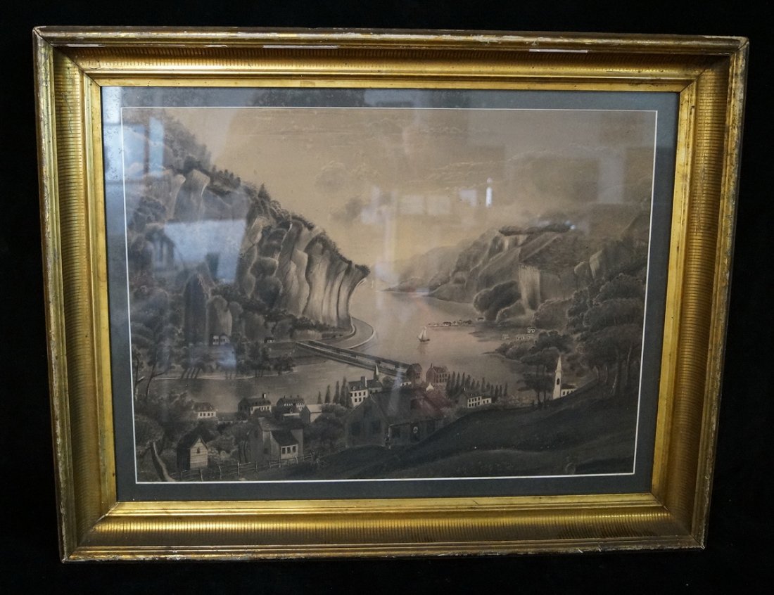 GILT FRAME CHARCOAL ON SANDPAPER "HUDSON VALLEY": GILT FRAME CHARCOAL ON SANDPAPER "HUDSON VALLEY" 16.5X22"