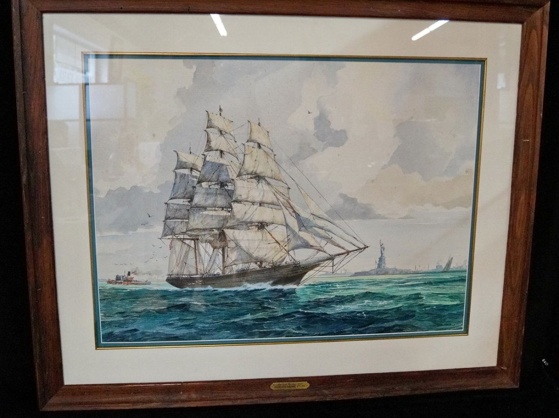 FRAMED WATERCOLOR "CLIPPER SHIP & STATUE OF LIBERTY" (1 of 9)