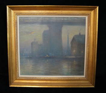 GILT FRAME O/C "DUSK UNDER THE BRIDGE" SGN. ELIOT CLARK: GILT FRAME O/C "DUSK UNDER THE BRIDGE" SGN. ELIOT CLARK 18X20"