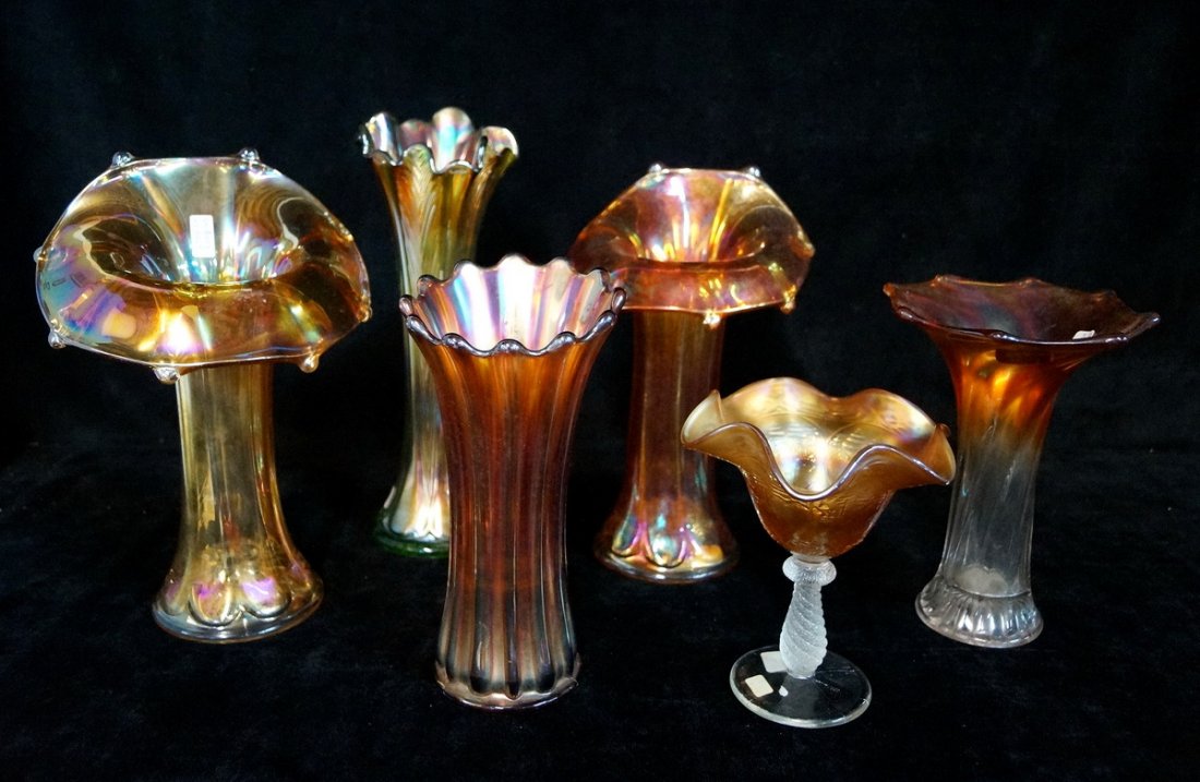 6 CARNIVAL GLASS VASES (1 of 4)
