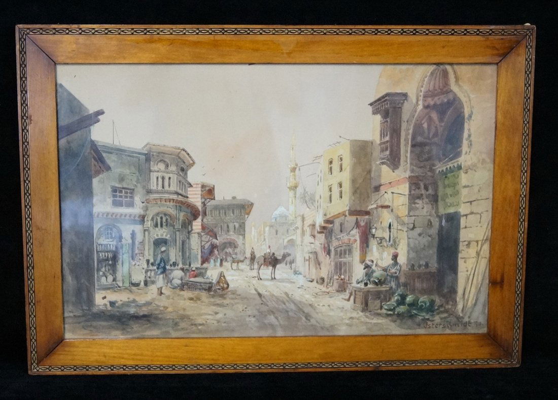 FRAMED WATERCOLOR "ORIENTALIST MARKET SCENE" SGN. H. (1 of 6)