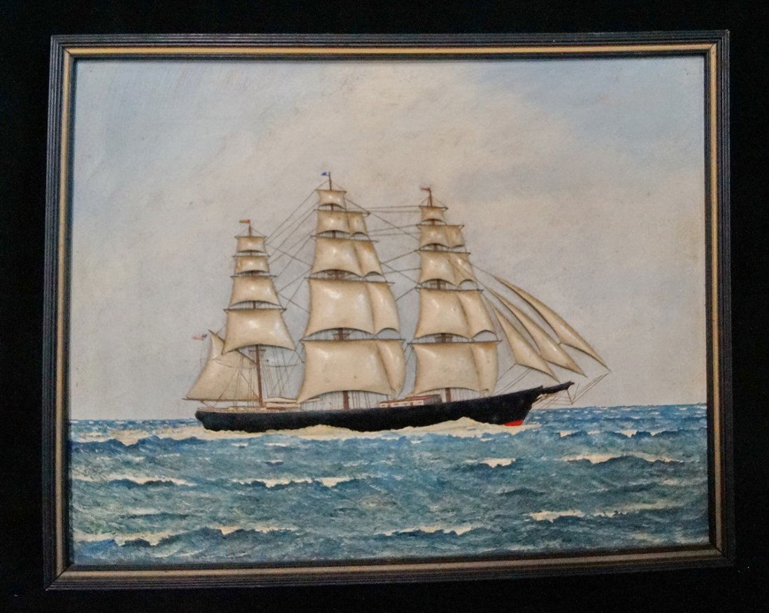MIXED MEDIA "CLIPPER SHIP AT SEA" 10.5X13.5 SGN. VERSO (1 of 4)