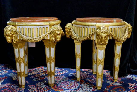 PR. 19TH C. GILT RAMS HEAD MARBLE TOP SIDE TABLES: PR. 19TH C. GILT RAMS HEAD MARBLE TOP SIDE TABLES 20.5 X 21 X 21"