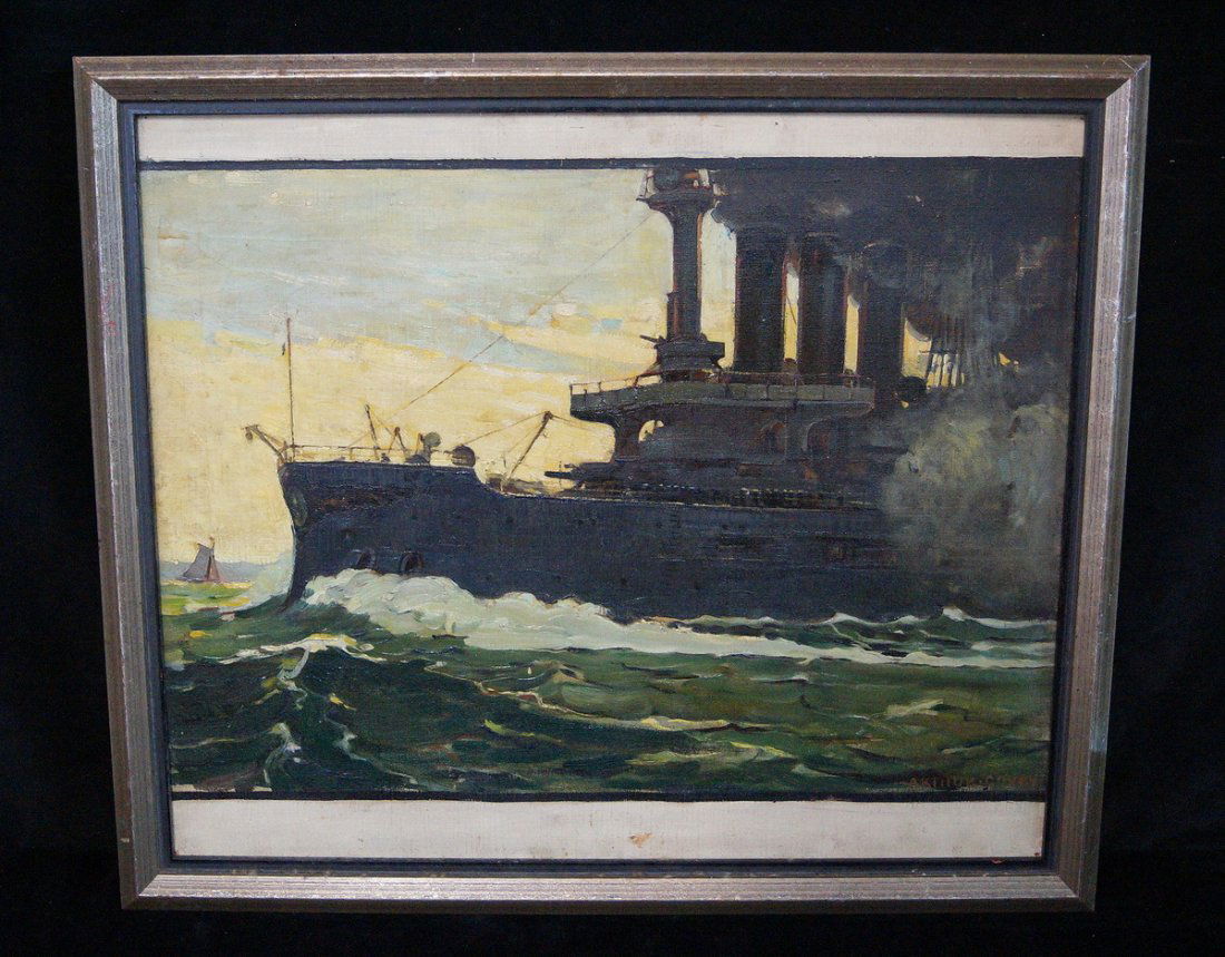 OIL ON CANVAS BATTLESHIP SGN. ARTHUR COVEY (1 of 5)