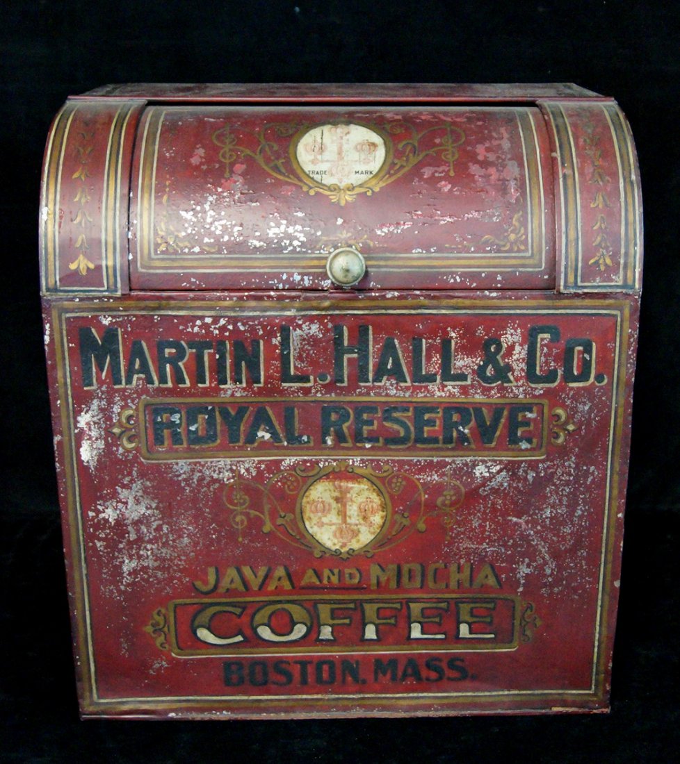 PAINTED TOLE "ROYAL RESERVE COFFEE" CADDY: PAINTED TOLE "ROYAL RESERVE COFFEE" CADDY 21.5X19.5X15"