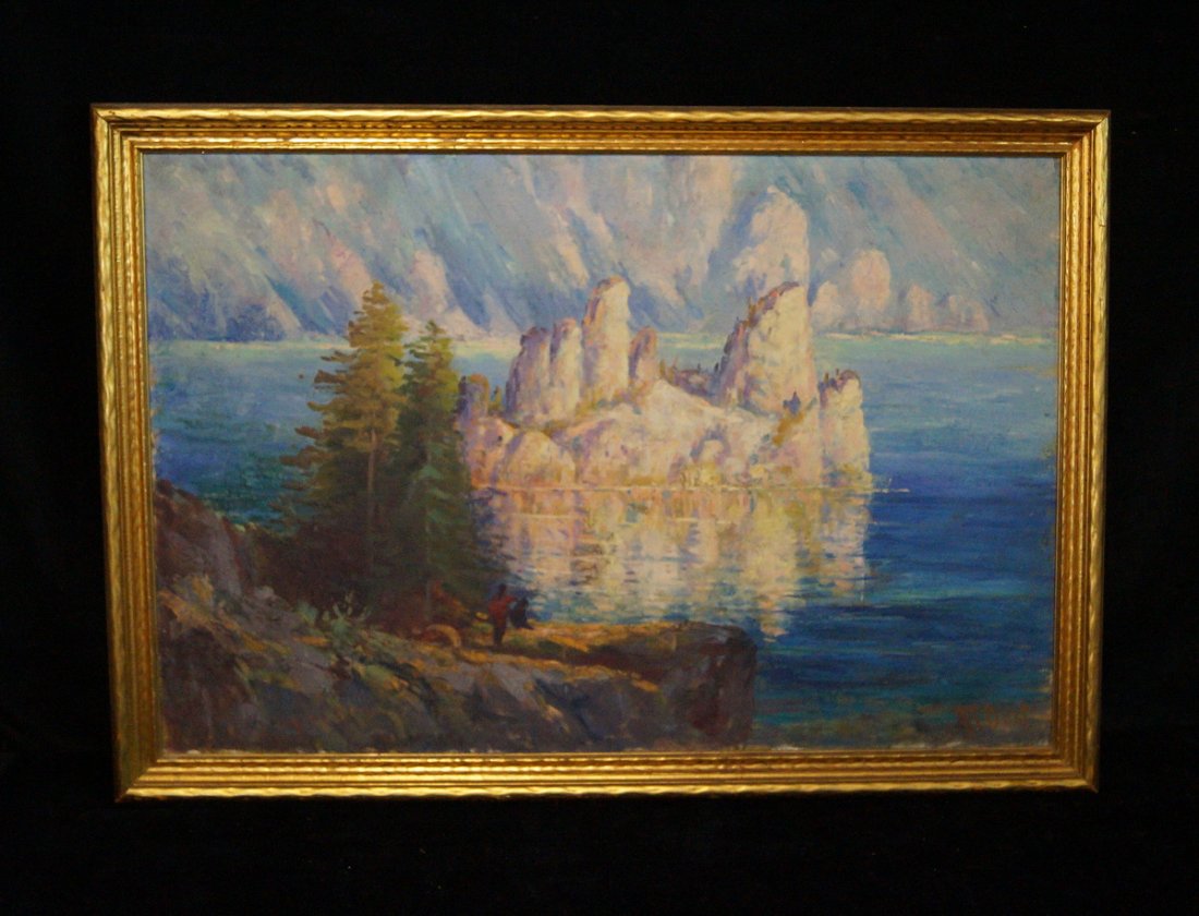 GILT FRAME O/C "LANDSCAPE ROCKY ISLAND & PINE TREES" (1 of 4)