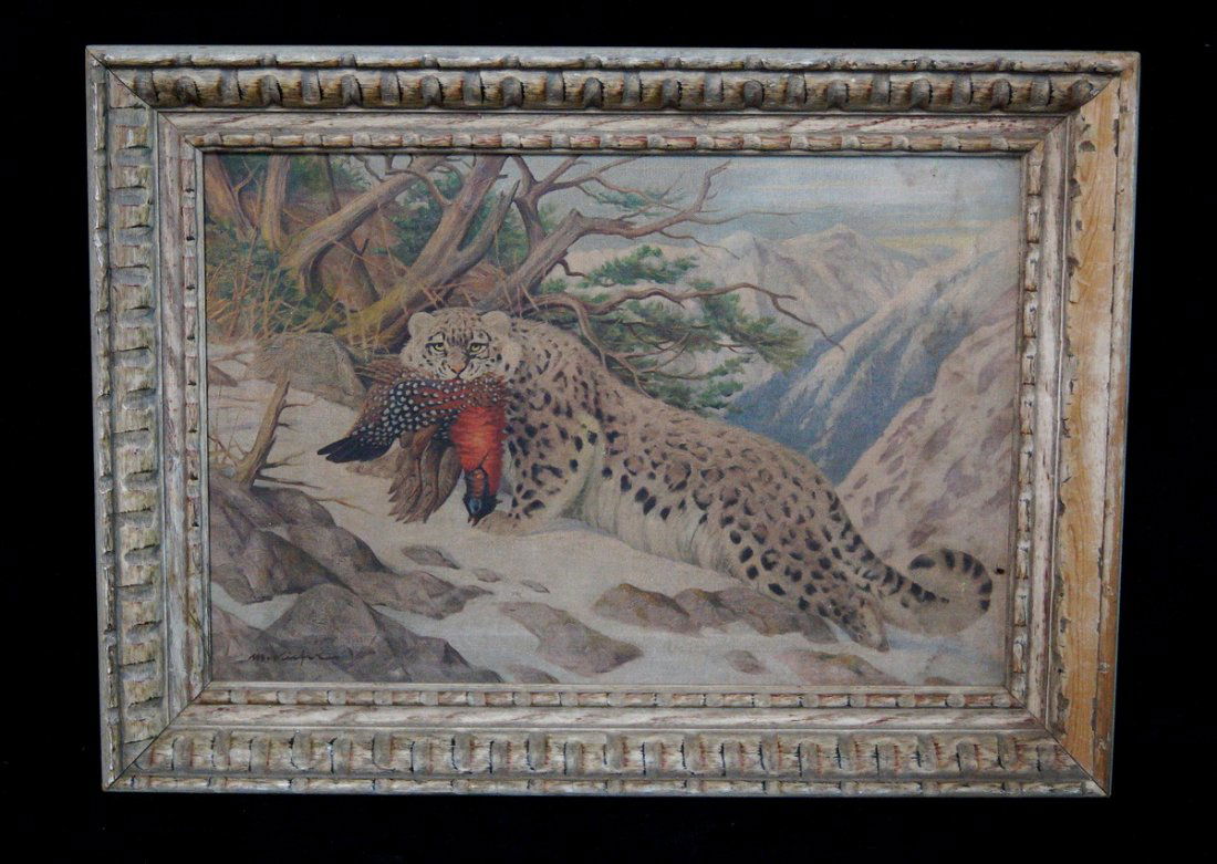 FRAMED PRINT ON CANVAS "SNOW LEOPARD" SGN. M.V. 16X24" (1 of 2)