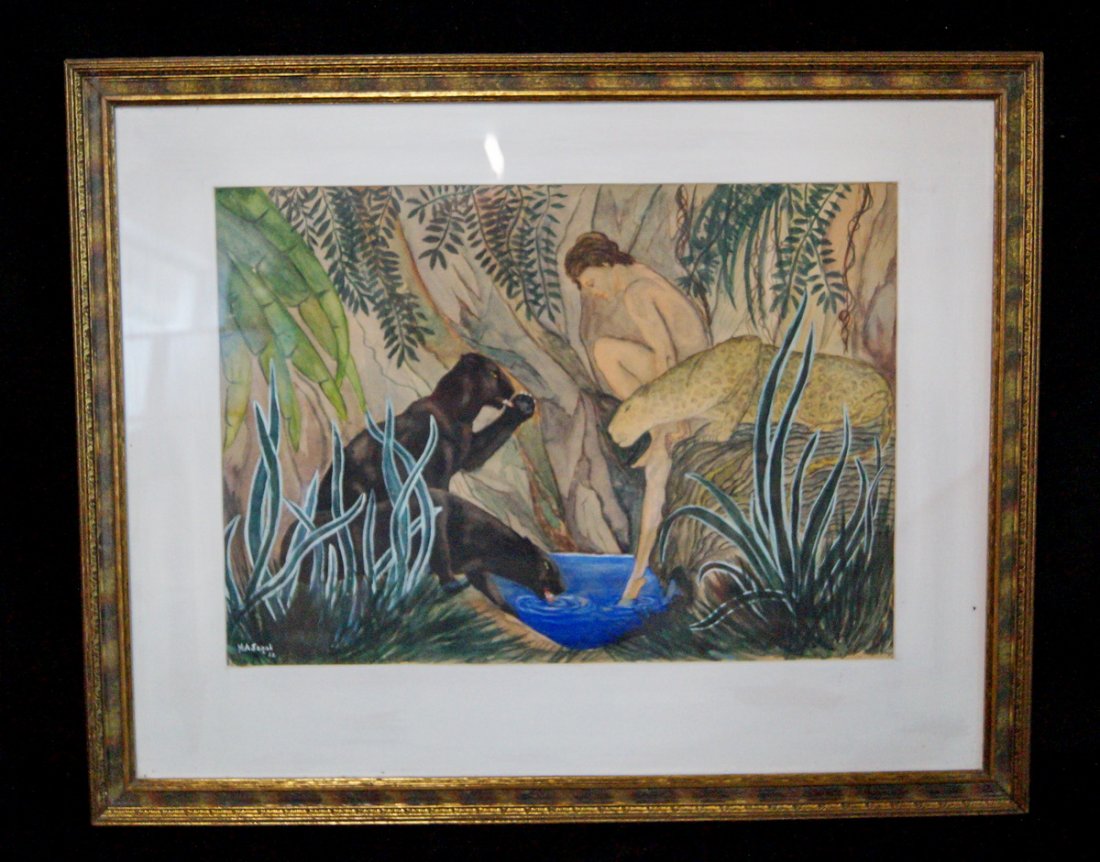 FRAMED WATERCOLOR "FEMALE FIGURE WITH JUNGLE CATS" SGN. (1 of 3)