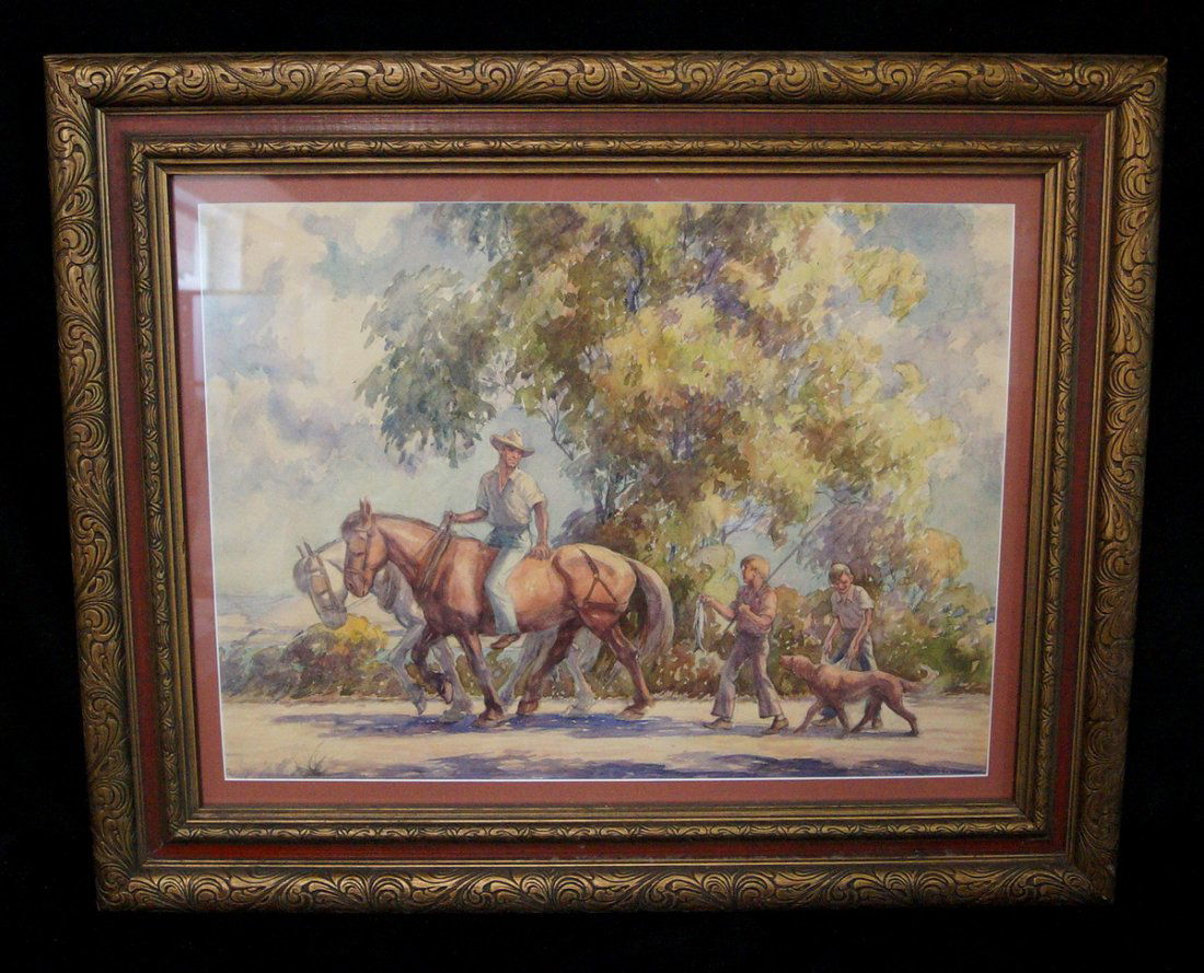 GF W/C SCENE W/ HORSES, MEN, BOYS & DOG SGN A PALUMBO (1 of 2)