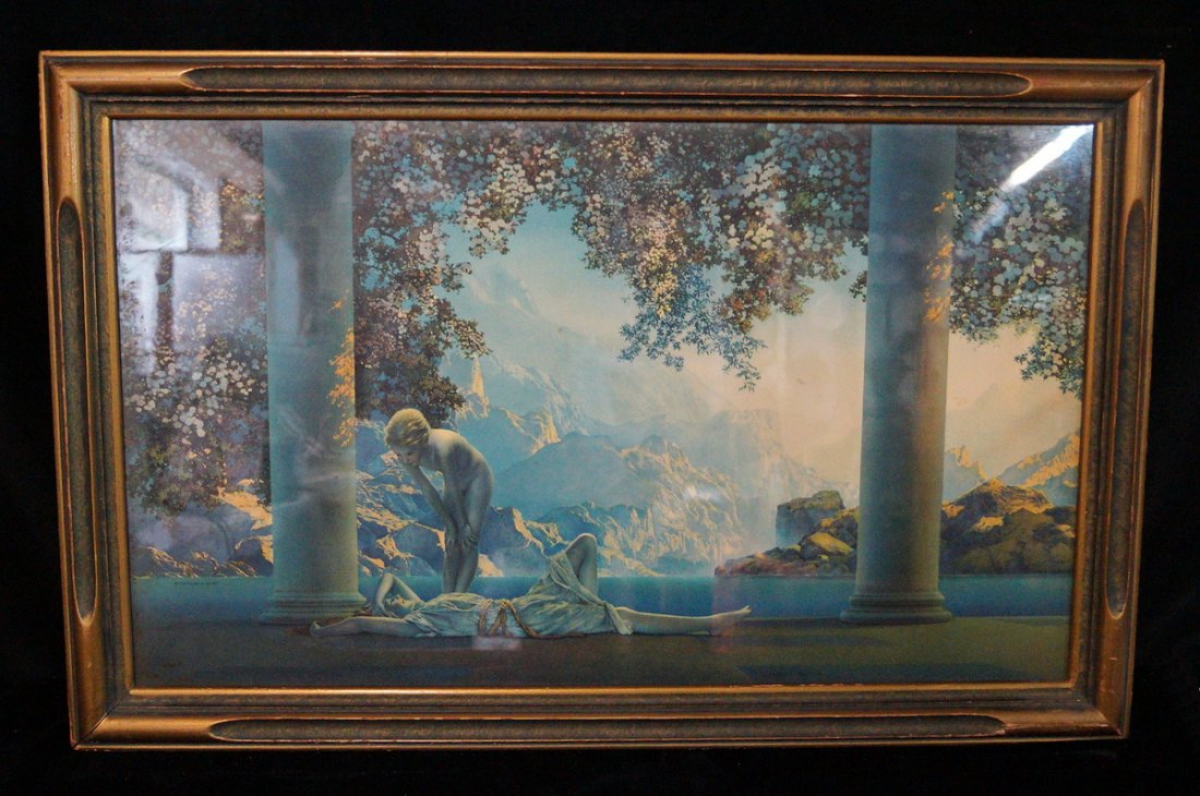 MAXFIELD PARRISH PRINT "DAYBREAK" IN PERIOD FRAME: FRAMED MAXFIELD PARRISH PRINT "DAYBREAK" IN A PERIOD FRAME.COPYRIGHT THE HOUSE OF ART NY 18X29"