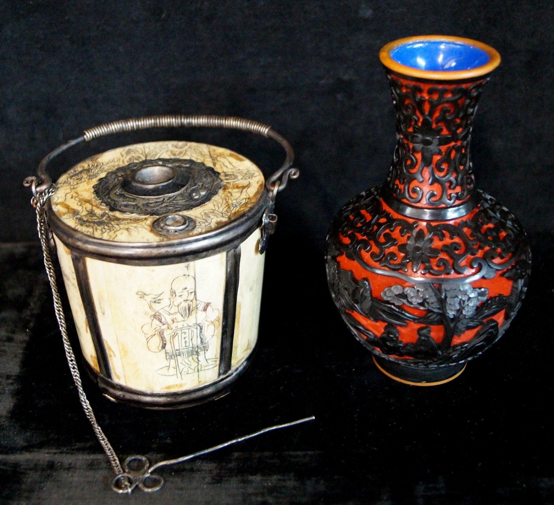 LOT ORIENTALIA: ORIENTAL BONE INCENSE BURNER & CINNABAR VASE; VASE 5.5"H