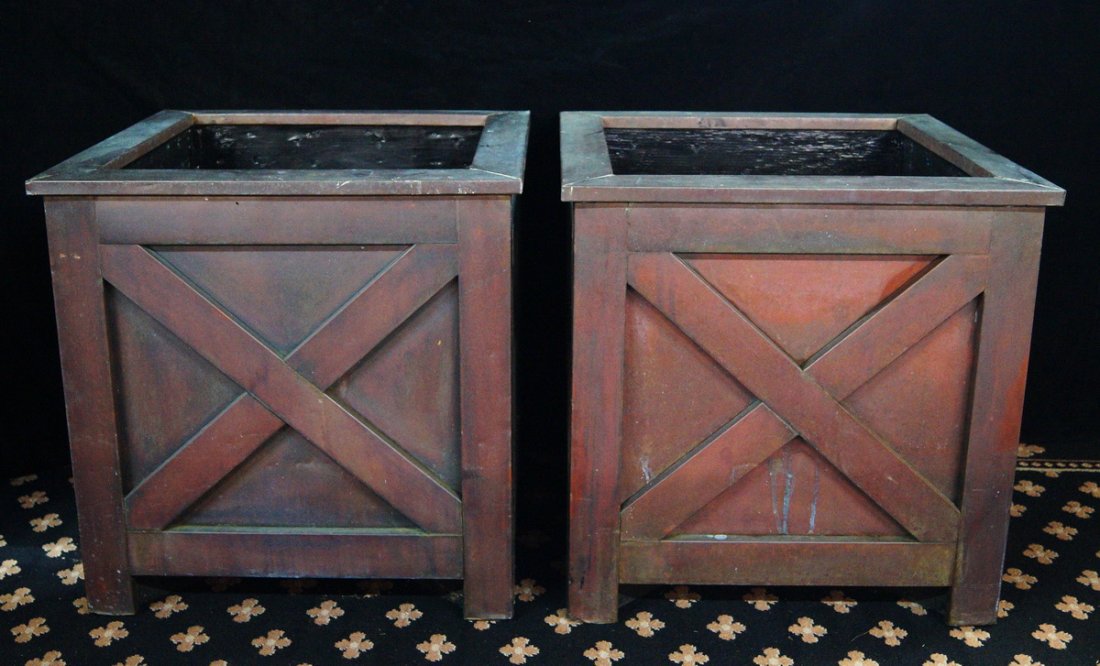 PR. FRENCH STYLE PLANTERS: PR. SQUARE COPPER & WOOD FRENCH STYLE PLANTERS 25X25X25"