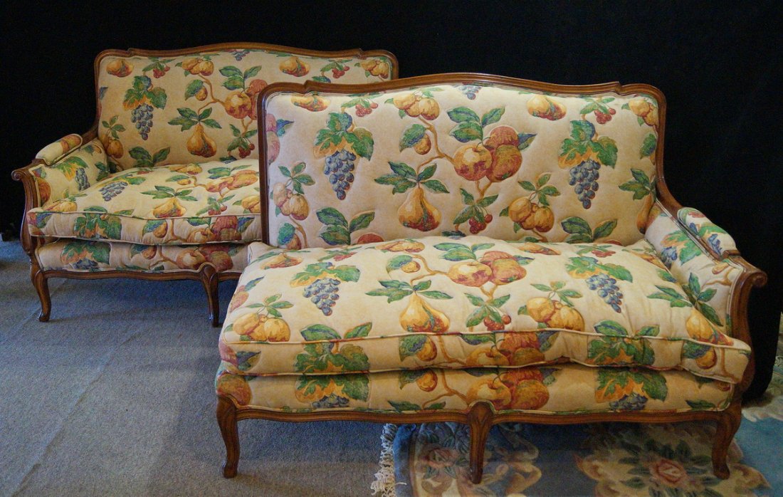 PR. COUNTRY FRENCH STYLE UPHOLSTERED SETTEES: PR. COUNTRY FRENCH STYLE UPHOLSTERED SETTEES 34"H 49"L 27"D