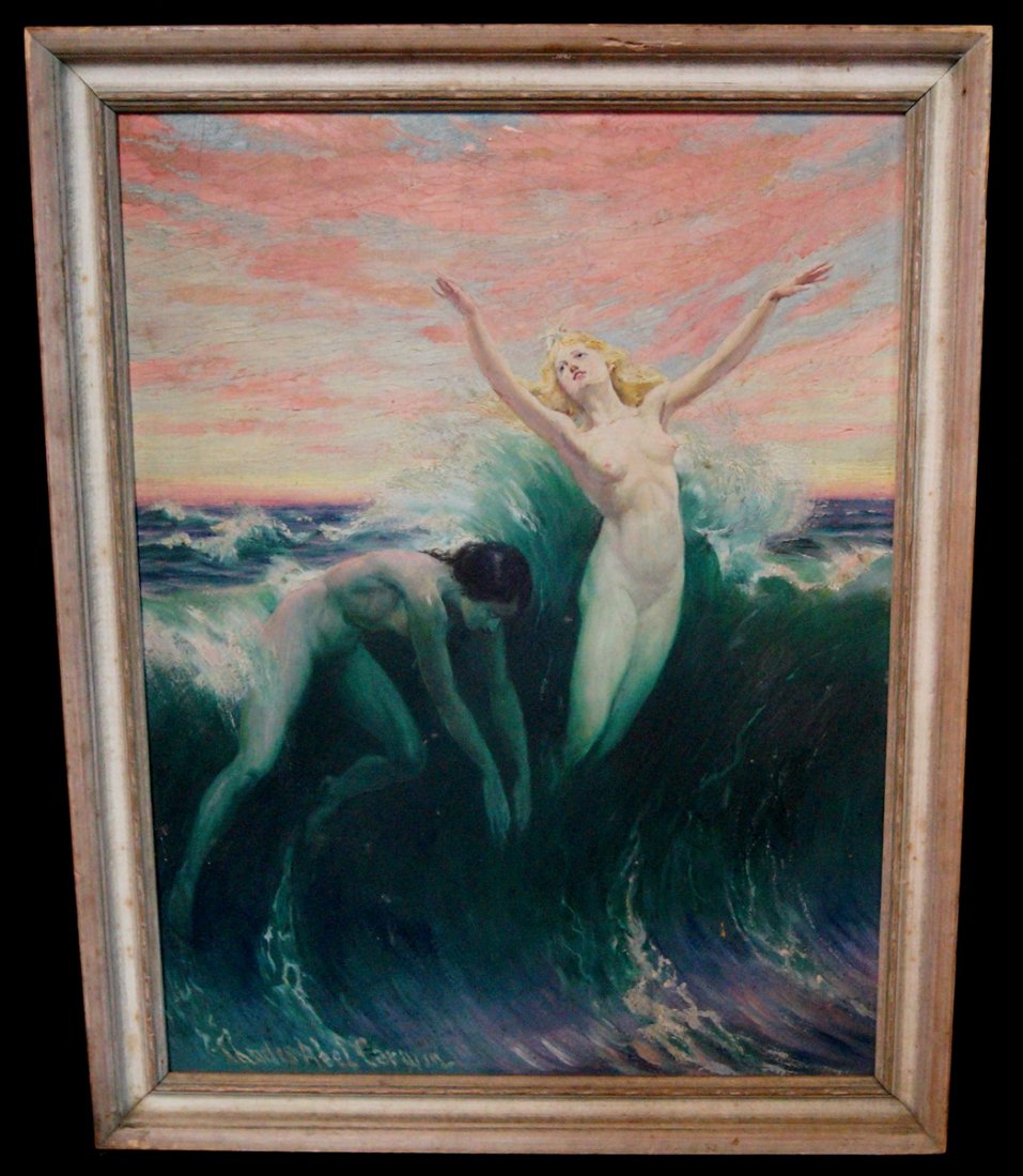 FRAMED O/B "WOMEN SWIMMING" SGN. CHARLES ABLE CORWIN (1 of 2)