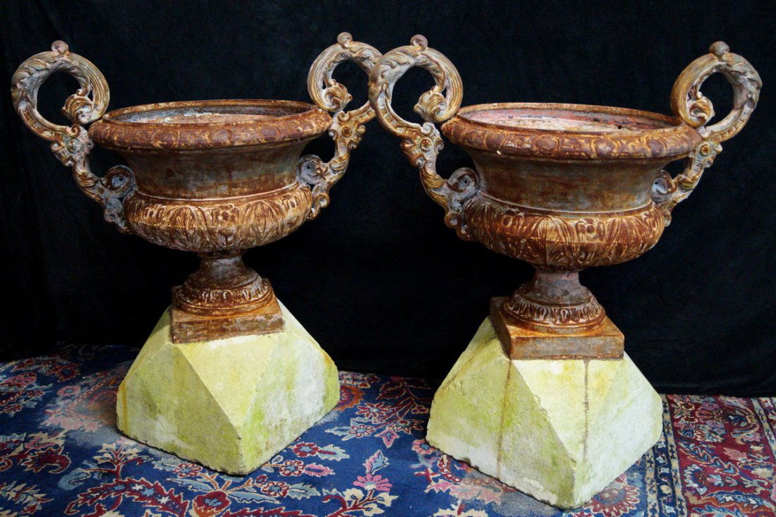 PR. 19TH C. WROUGHT IRON DOUBLE HANDLE URNS W/LIMESTONE (1 of 4)