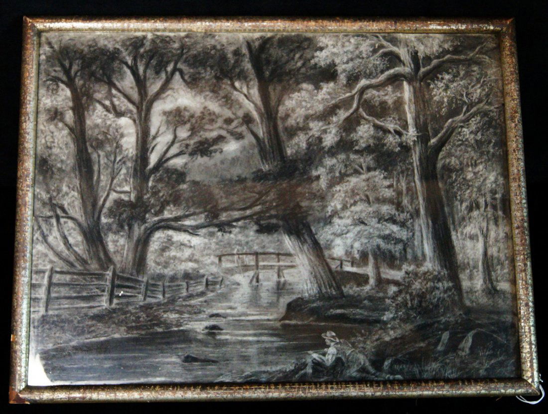 FRAMED SAND PAINTING "LANDSCAPE W/ FISHERMAN" (1 of 2)