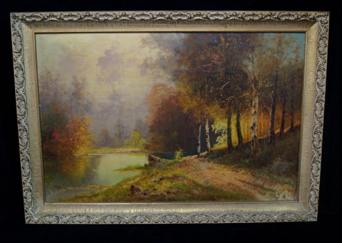 GILT FRAME OIL ON CANVAS FALL LANDSCAPE W/ LAKE SGN. J. (1 of 7)