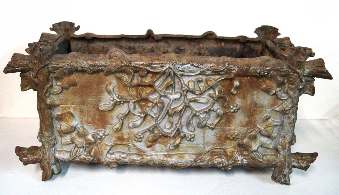 ORNATE CAST IRON FRENCH  PLANTER (FAUX BOIS & MISTLETOE (1 of 4)