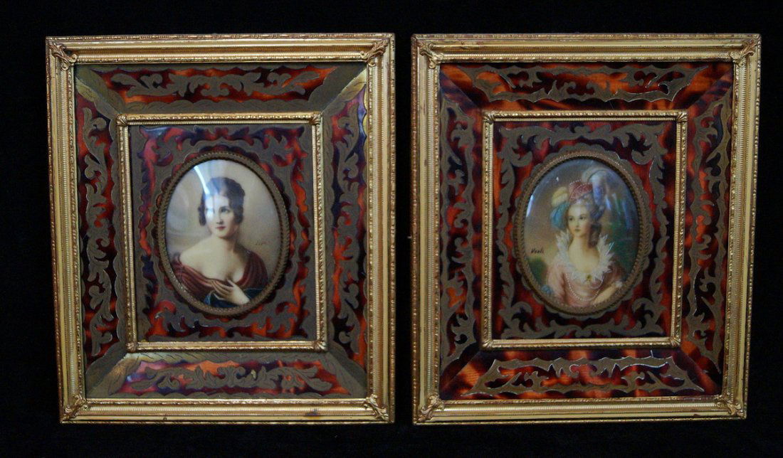 PR. FRAMED FEMALE MINIATURE PORTRAITS IN BOULLE STYLE (1 of 6)