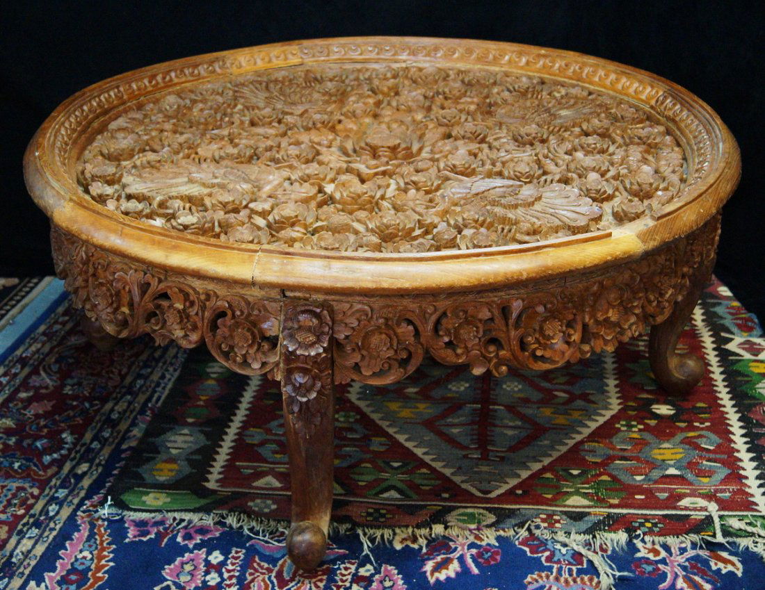 ASIAN CIRCULAR CARVED WOOD COCKTAIL TABLE (1 of 6)