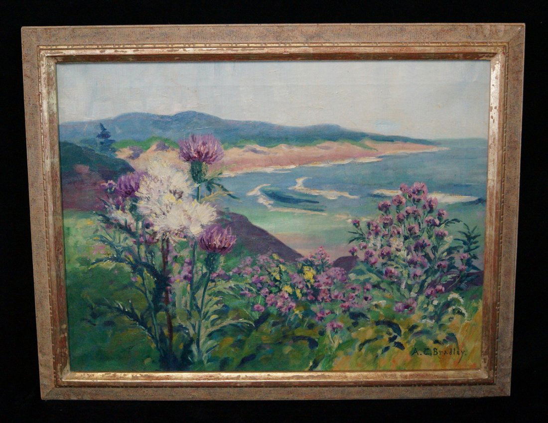 FRAMED O/C "LANDSCAPE SHORE & FLOWER" SGN. BRADLEY (1 of 4)
