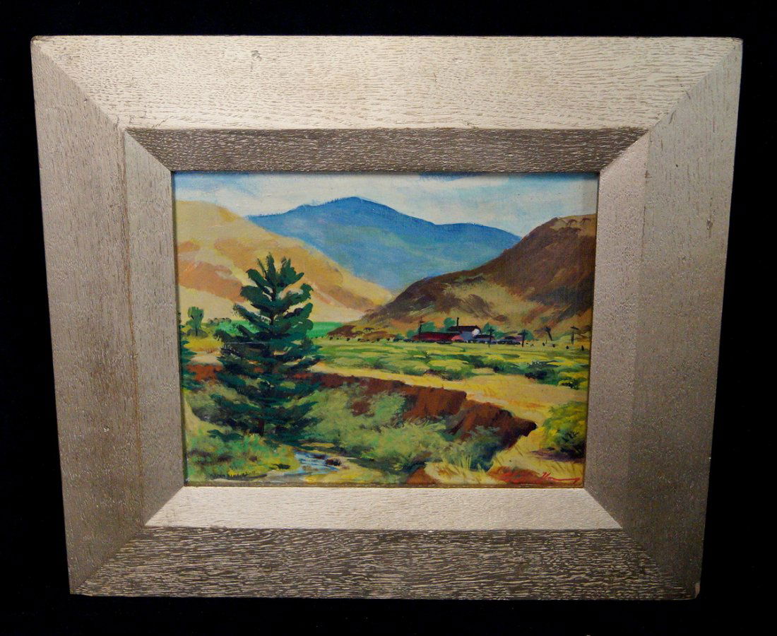 FRAMED OIL ON PANEL MOUNTAIN LANDSCAPE W/ HOUSES SGN. (1 of 4)