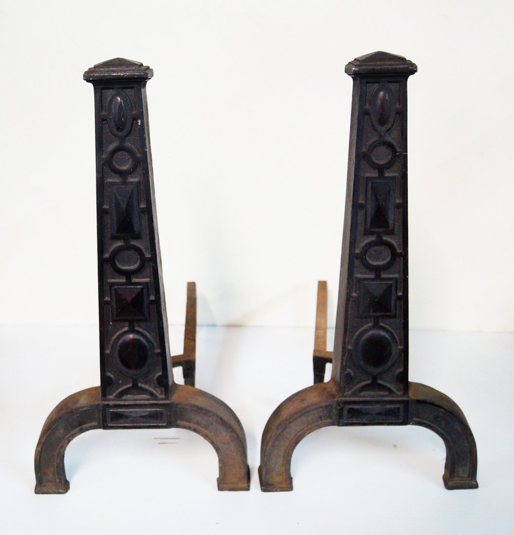 PR. BLACK AMERICAN INDIAN MOTIF ANDIRONS: PR. BLACK AMERICAN INDIAN MOTIF ANDIRONS 18.5 H 10"W 16.5"D