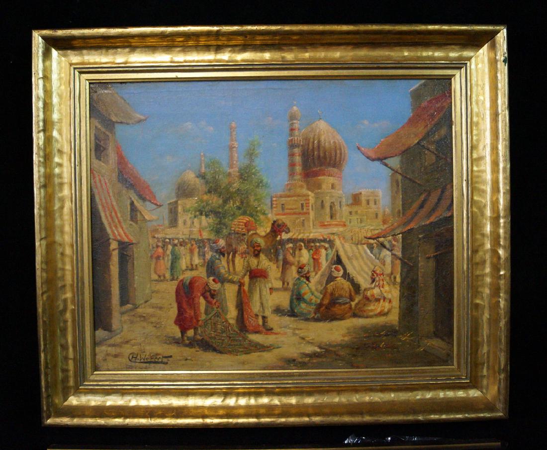 H. WOLFORT SGN. O/C ORIENTALIST SCENE W/ CARPET VENDOR (1 of 3)