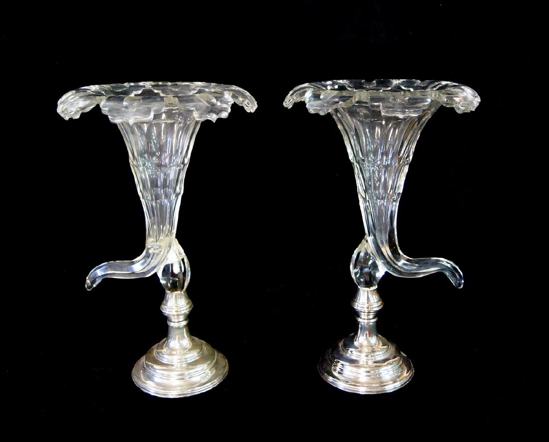 PR. SILVER & CRYSTAL EPERGNES: PR. ENGLISH STERLING SILVER & CRYSTAL EPERGNES 14"H 9" DIA.