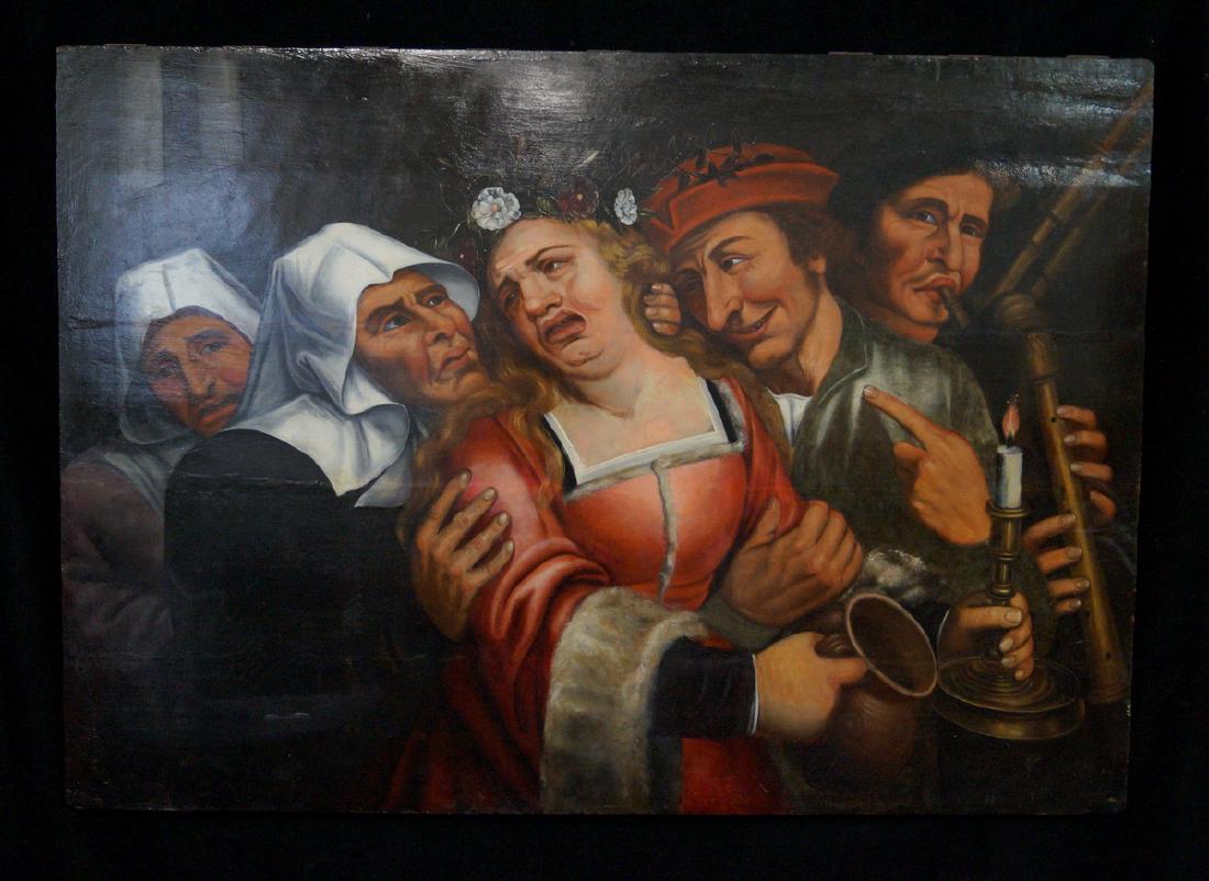 LATE 18TH C. (?) OIL ON BOARD: LATE 18TH C. (?) TIM BOBBIN (?) O/B NUNS & A CRYING WOMAN" 30X43"
