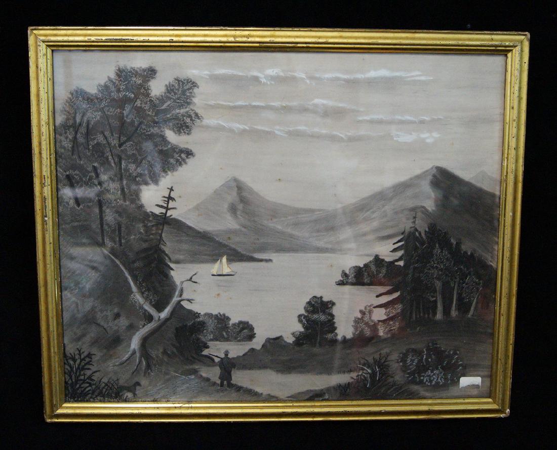 FOLK ART SAND PAINTING "LANDSCAPE W/ SAILBOAT": GILT FRAME FOLK ART SAND PAINTING "LANDSCAPE W/ SAILBOAT" 15X20"