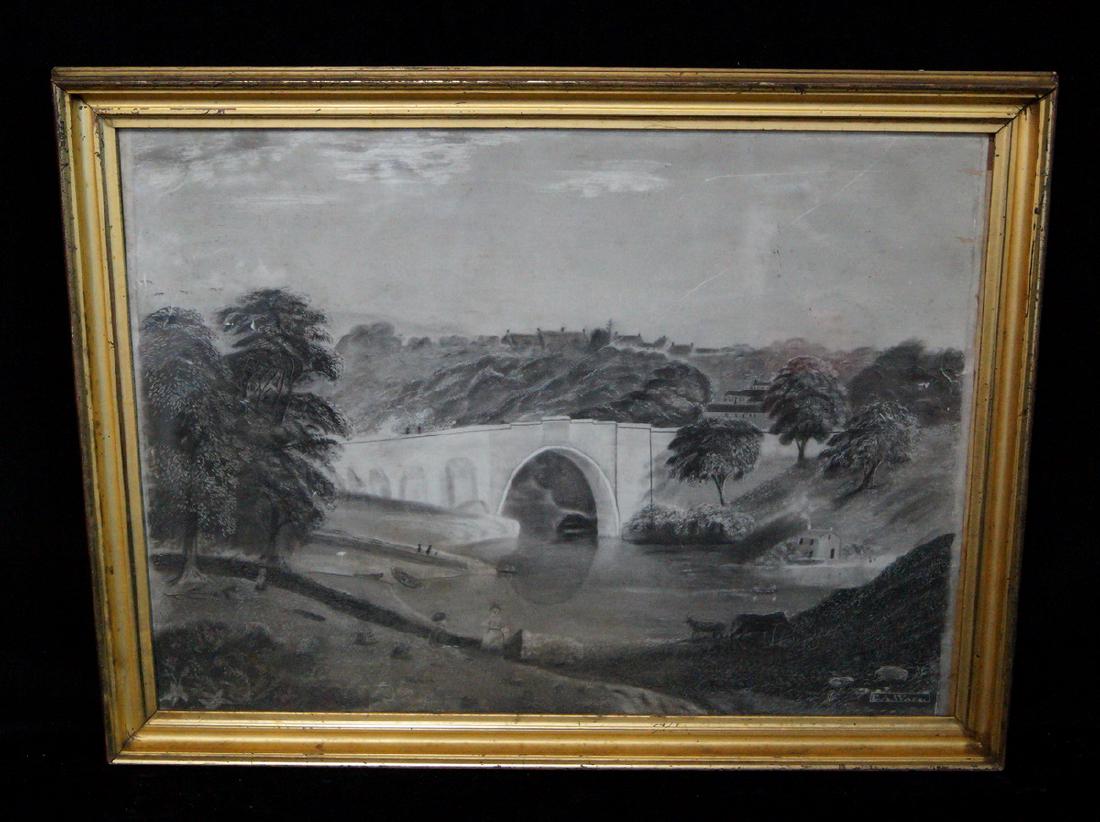 FOLK ART SAND PAINTING LANDSCAPE W/ BRIDGE: GILT FRAME FOLK ART SAND PAINTING LANDSCAPE W/ BRIDGE 15.5X21"