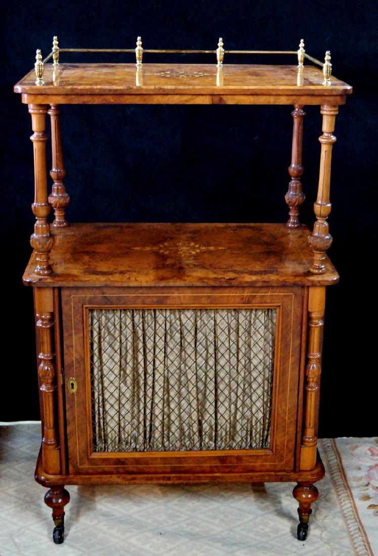 EDWARDIAN BURLED WALNUT INLAID SIDE CABINET W/ GALLERY (1 of 5)