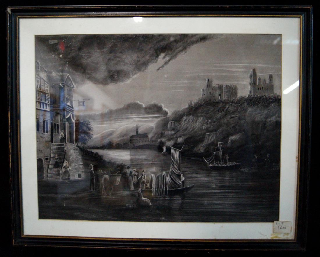 FOLK ART SAND PAINTING W/ FIGURES CHURCH & CASTLES (1 of 1)