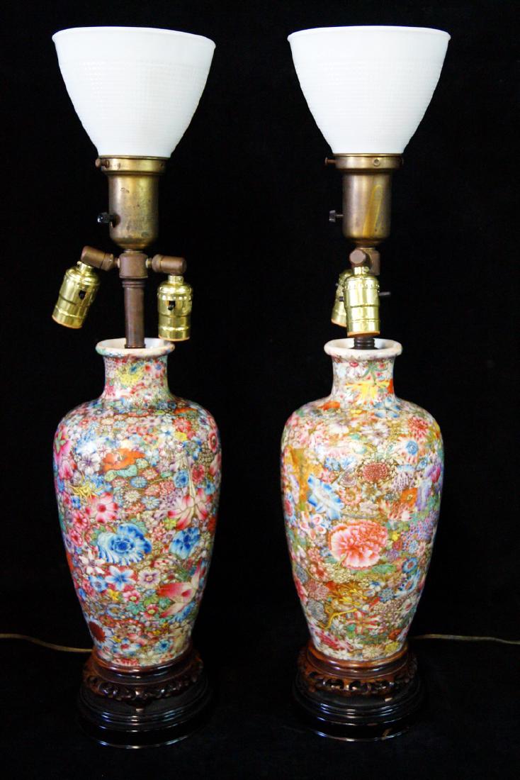 PR. ASIAN VASE FORM MULTI COLORED PORCELAIN LAMPS: PR. ASIAN VASE FORM MULTI COLORED PORCELAIN LAMPS 23"H