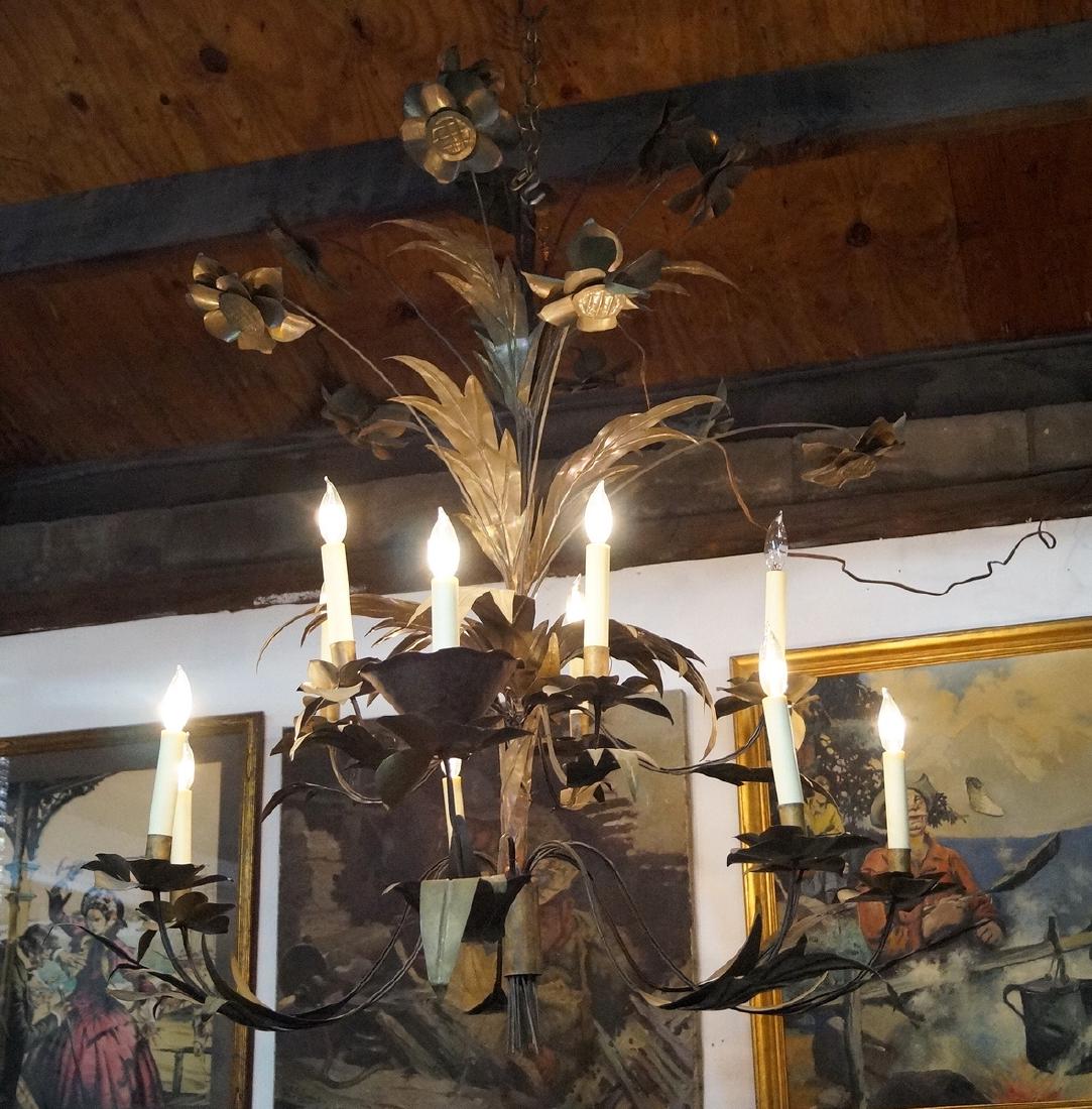FRENCH TOLE 12 LIGHT CHANDELIER: FRENCH TOLE 12 LIGHT FLOWER FIGURAL CHANDELIER 44"H 32" DIA.